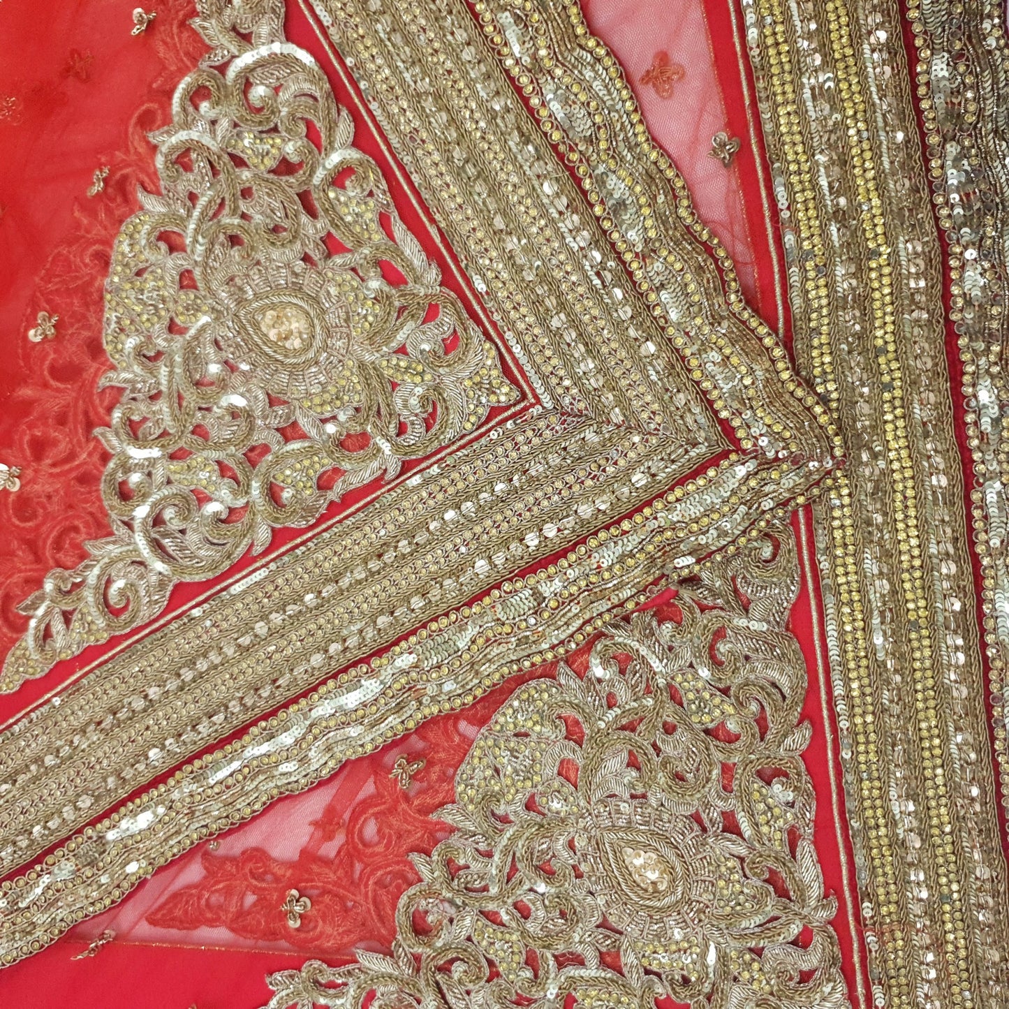 Sushila Vintage Red Bridal Heavy Dupatta Sequins Embellish Net Mesh Long Stole