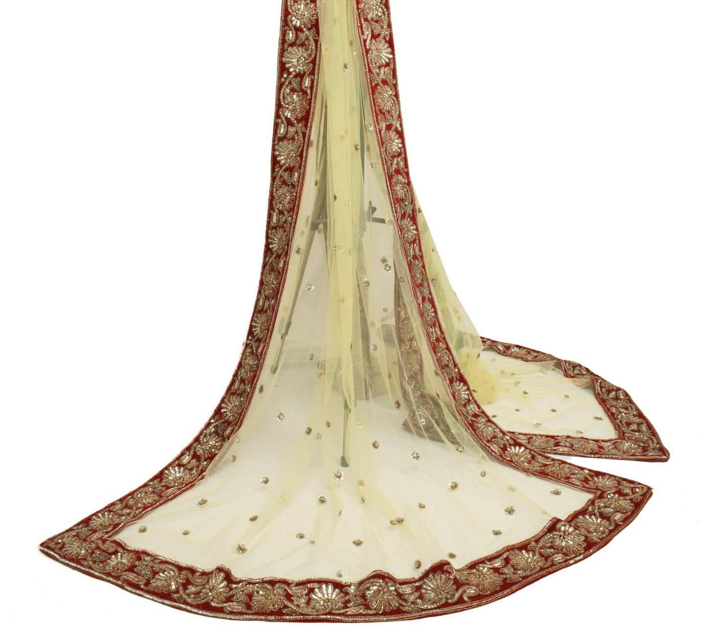 Sushila Vintage Cream Net Dupatta Bridal Hand Beaded Velvet Border Long Stole