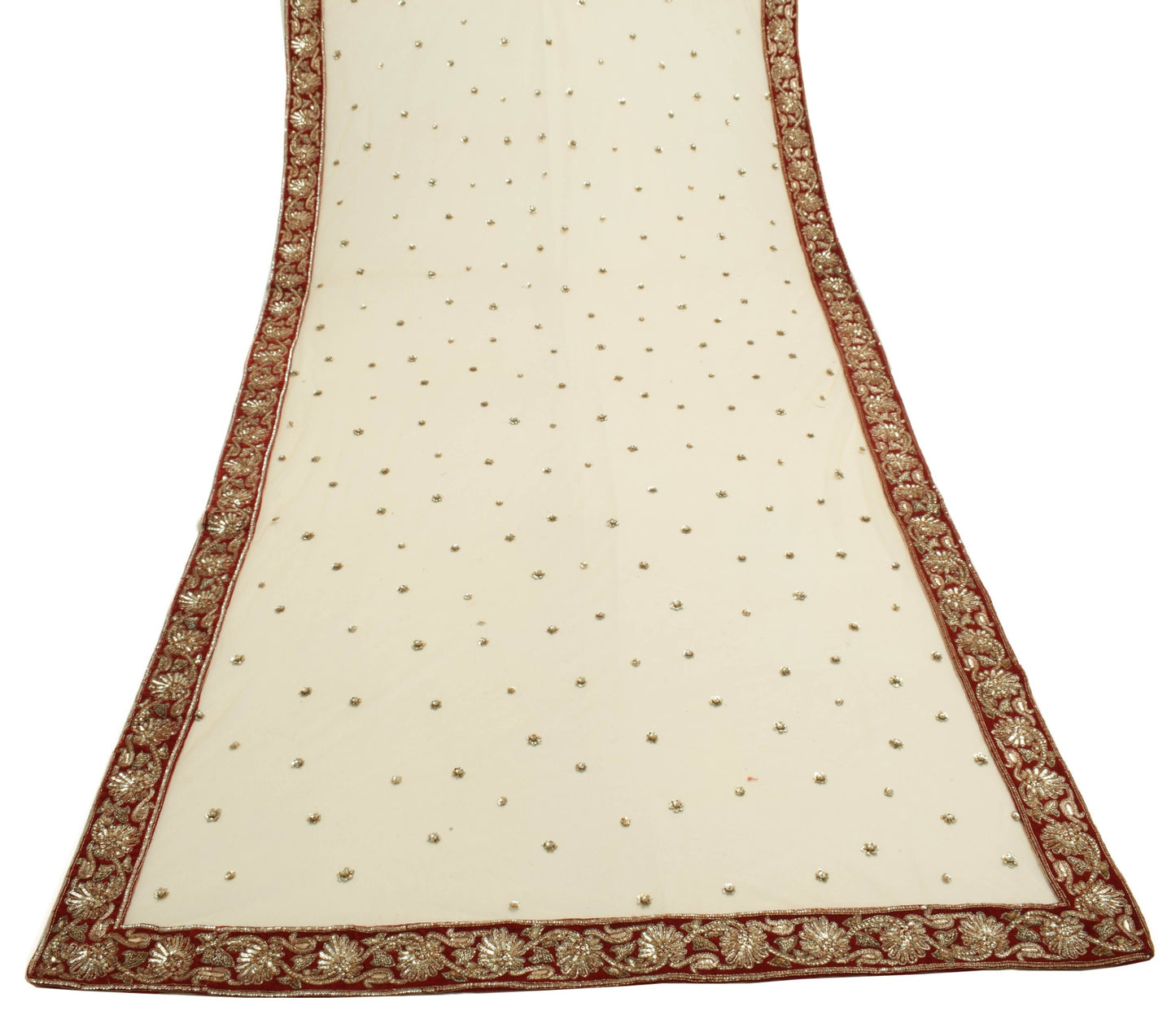 Sushila Vintage Cream Net Dupatta Bridal Hand Beaded Velvet Border Long Stole