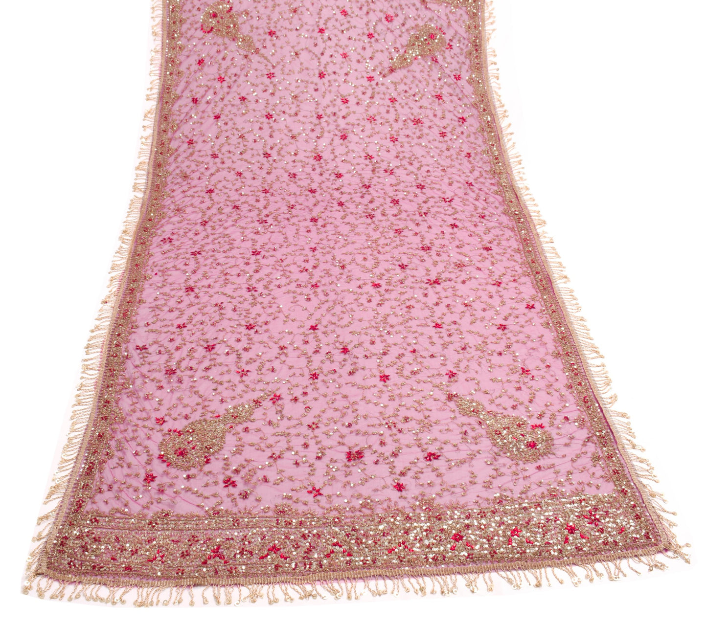 Sushila Vintage Dark Pink Net Heavy Dupatta Sequins Glass Beads Work Long Stole