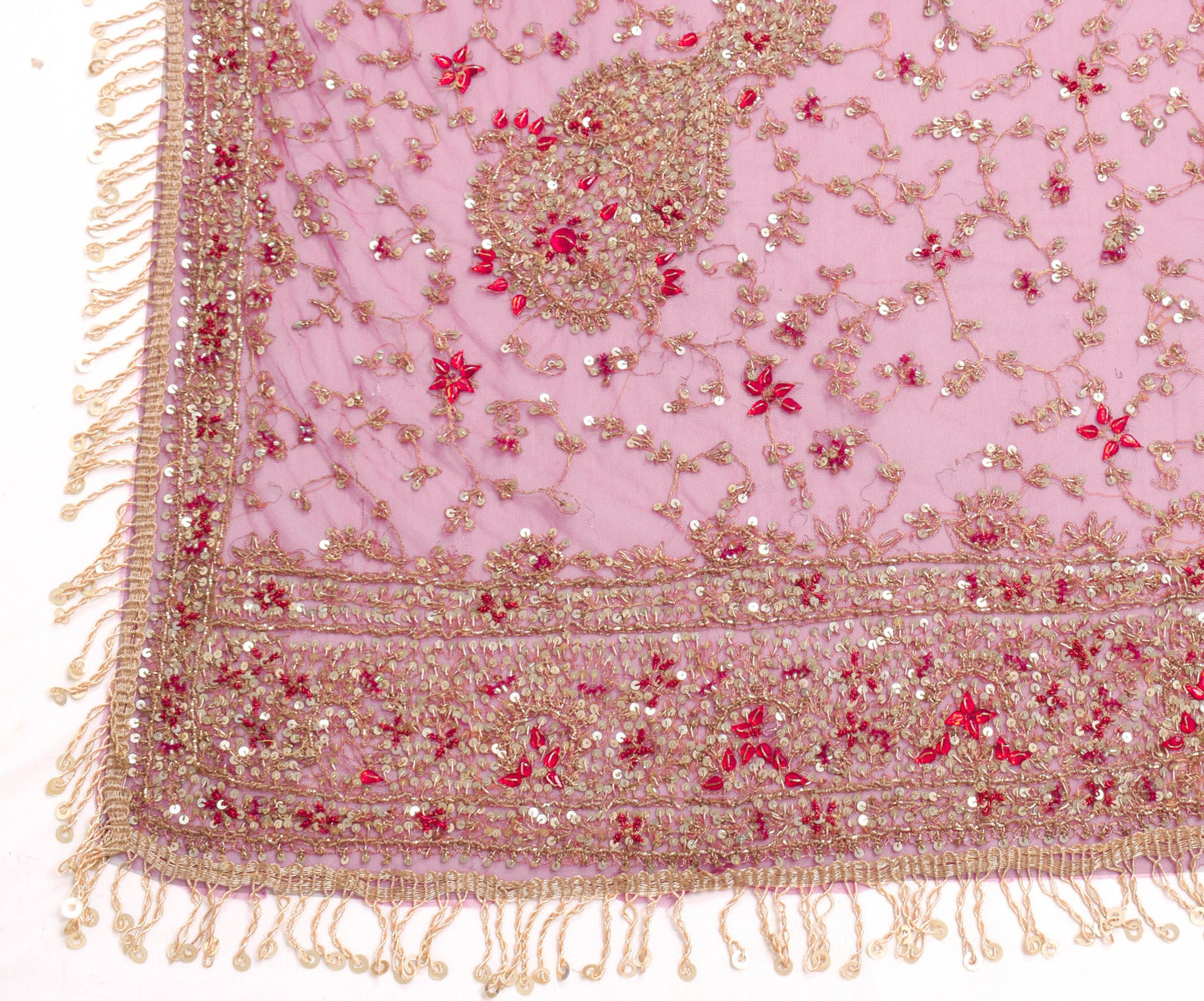 Sushila Vintage Dark Pink Net Heavy Dupatta Sequins Glass Beads Work Long Stole