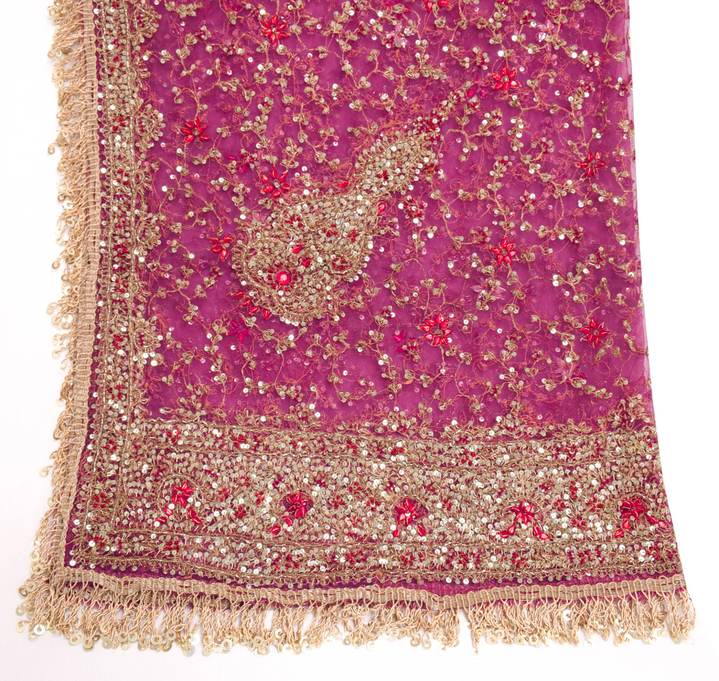 Sushila Vintage Dark Pink Net Heavy Dupatta Sequins Glass Beads Work Long Stole