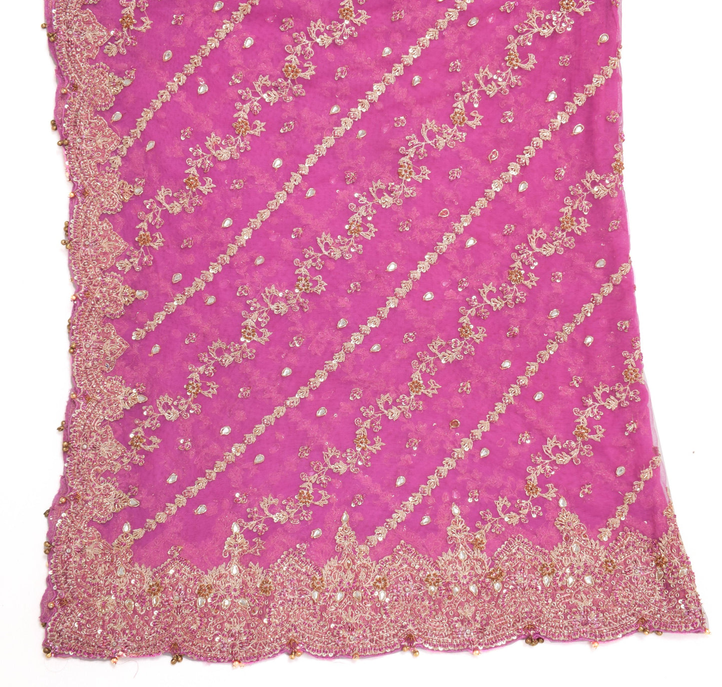 Sushila Vintage Pink Zardozi Work Heavy Dupatta Net Mesh Bridal Long Stole Veil