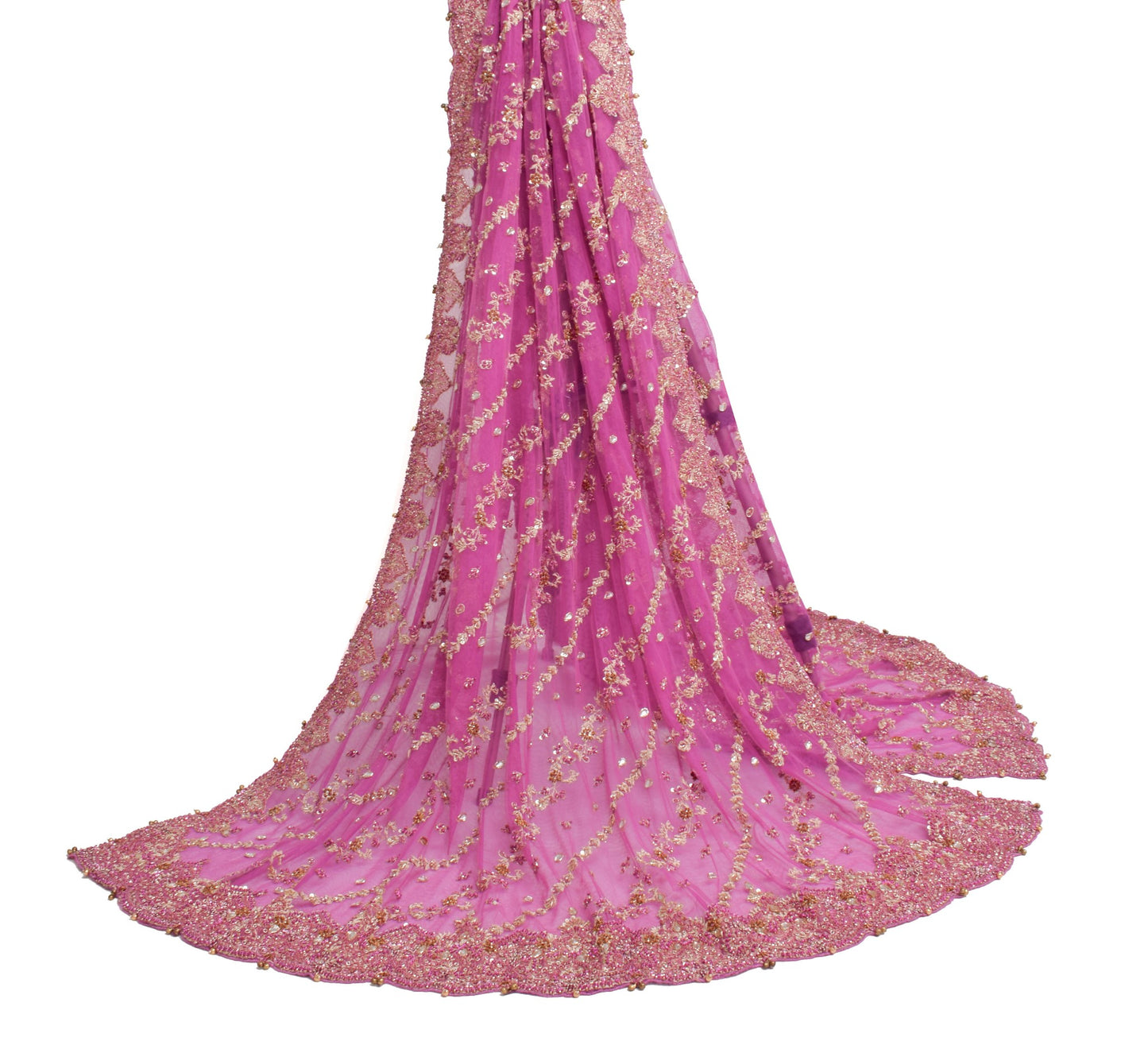 Sushila Vintage Pink Zardozi Work Heavy Dupatta Net Mesh Bridal Long Stole Veil