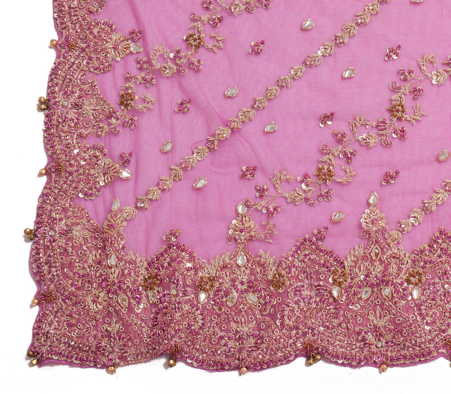 Sushila Vintage Pink Zardozi Work Heavy Dupatta Net Mesh Bridal Long Stole Veil