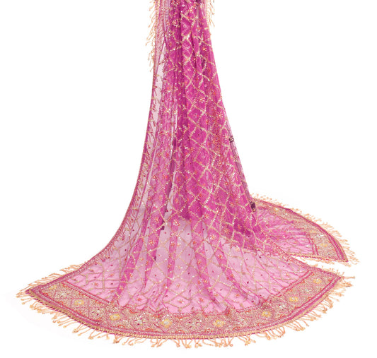 Sushila Vintage Dark Pink Net Dupatta with all over Sequins Jaal Work Long Stole