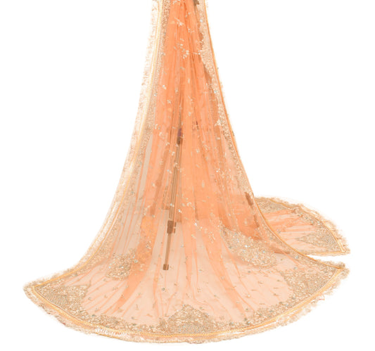 Sushila Vintage Bridal Orange Dupatta Zari Embellish Fringed Net Long Stole Wrap