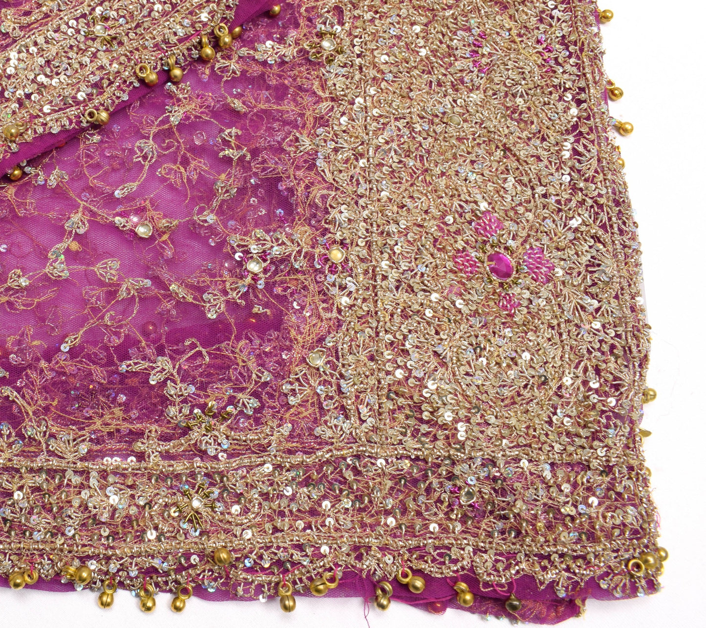 Sushila Vintage Purple Net Mesh Heavy Dupatta Sequins Work Wedding Long Stole