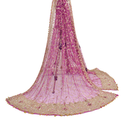 Sushila Vintage Purple Net Mesh Heavy Dupatta Sequins Work Wedding Long Stole