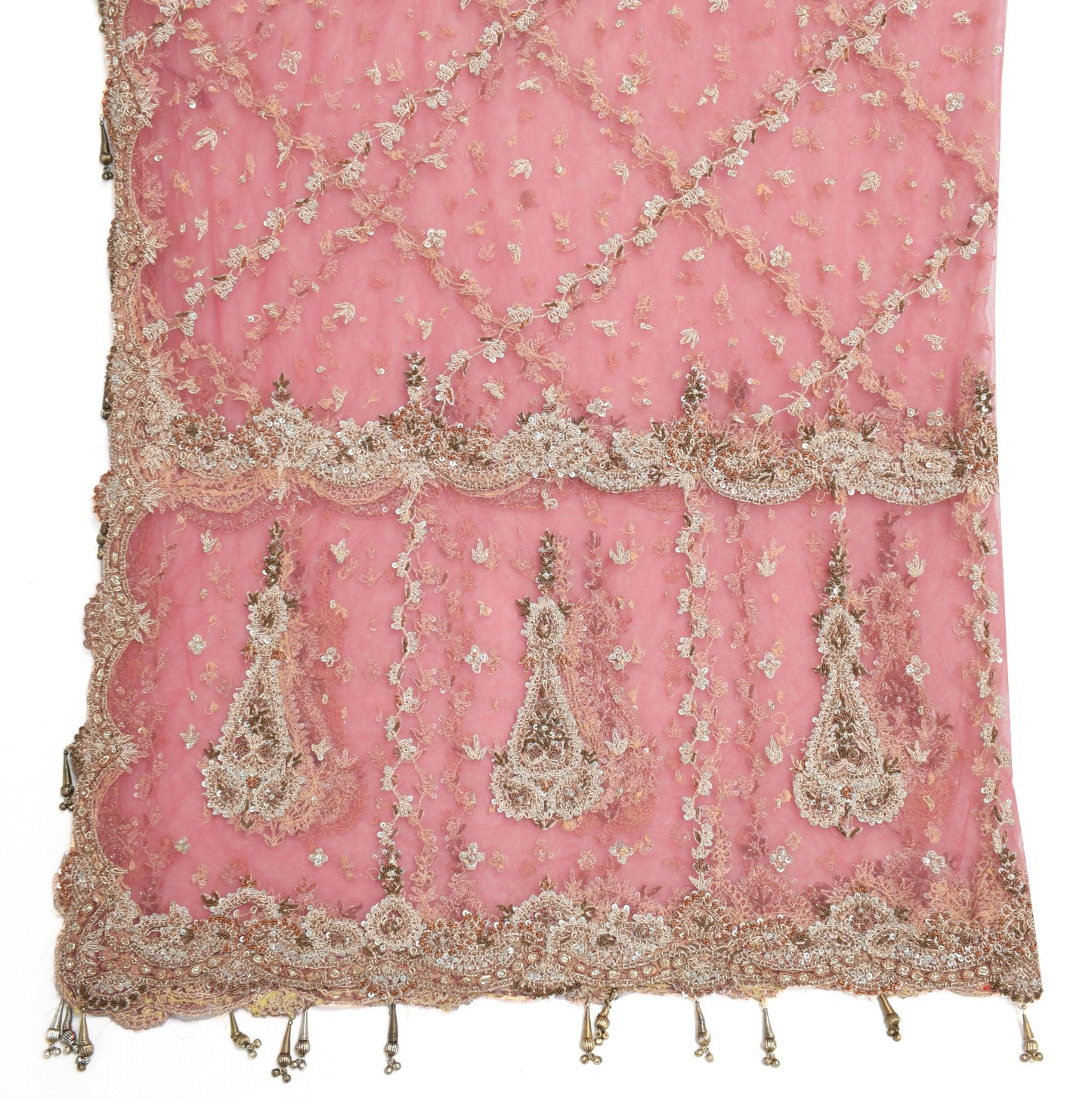 Sushila Vintage Baby Pink Net Dupatta Zardozi & Sequins Work Heavy Long Stole