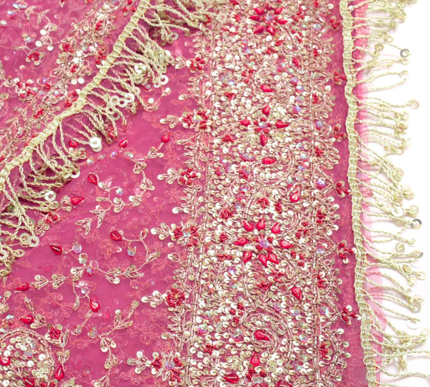 Sushila Vintage Pink Net Heavy Dupatta Sequins Rhine Stone Beaded Long Stole