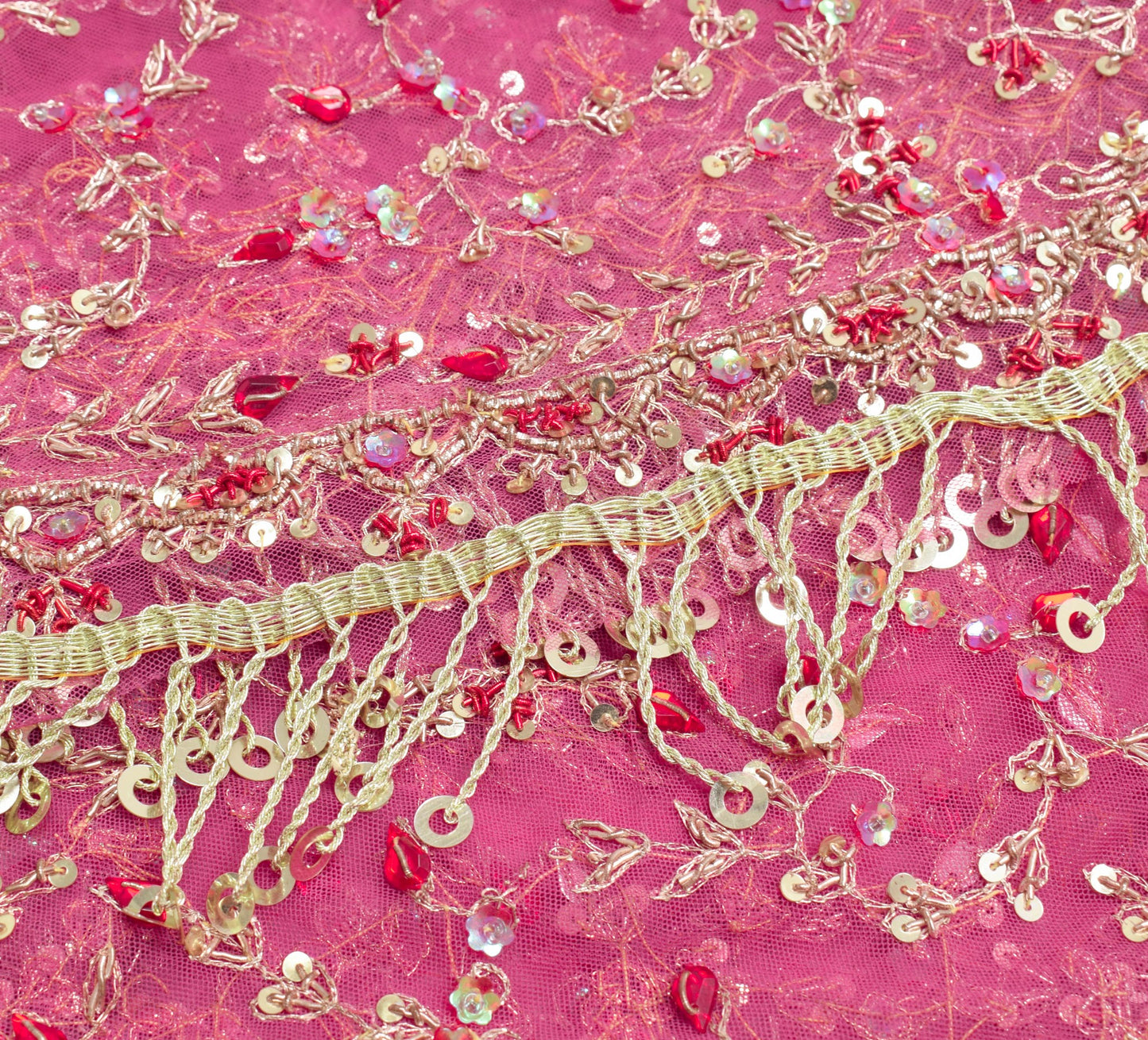 Sushila Vintage Pink Net Heavy Dupatta Sequins Rhine Stone Beaded Long Stole