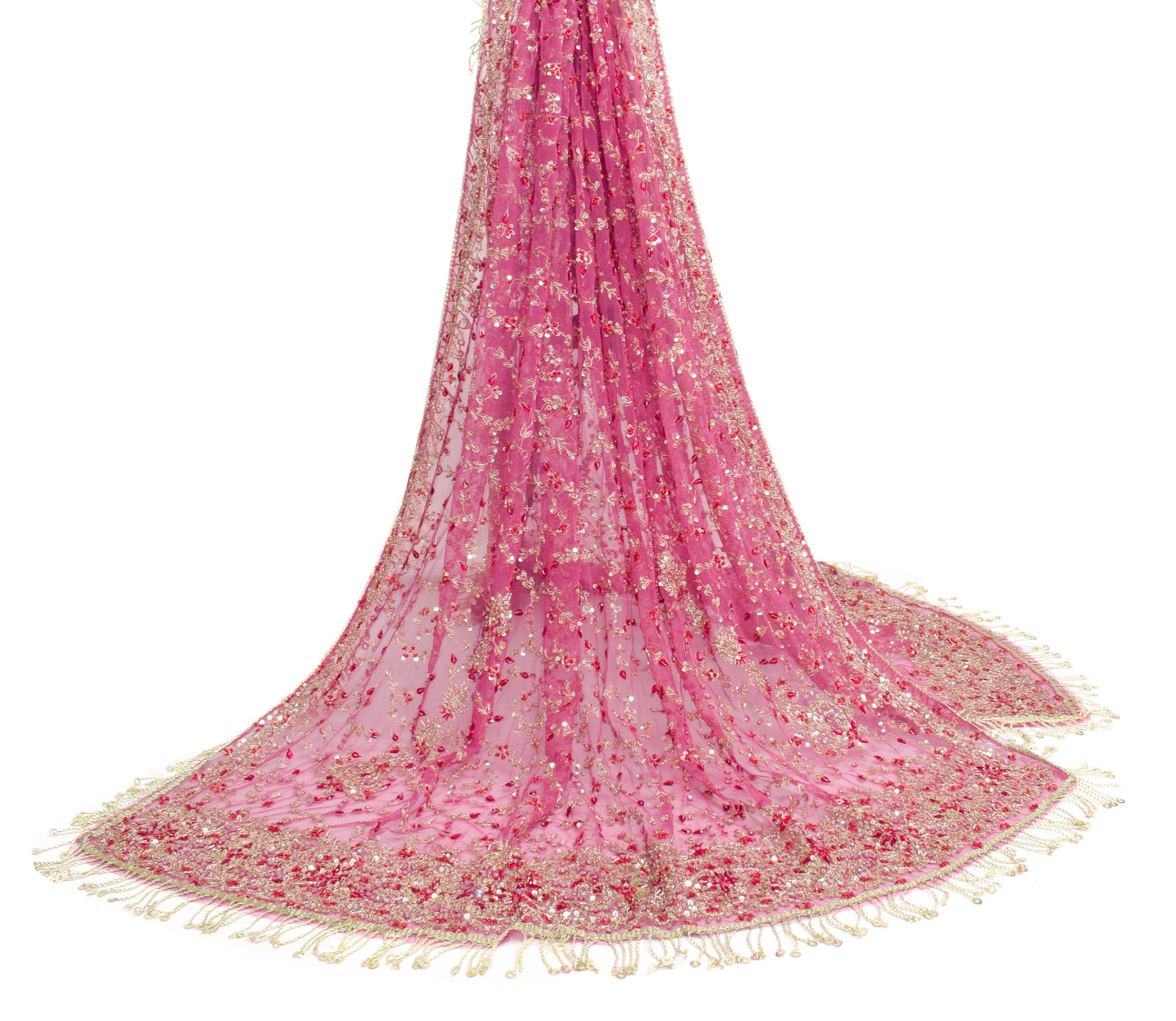 Sushila Vintage Pink Net Heavy Dupatta Sequins Rhine Stone Beaded Long Stole