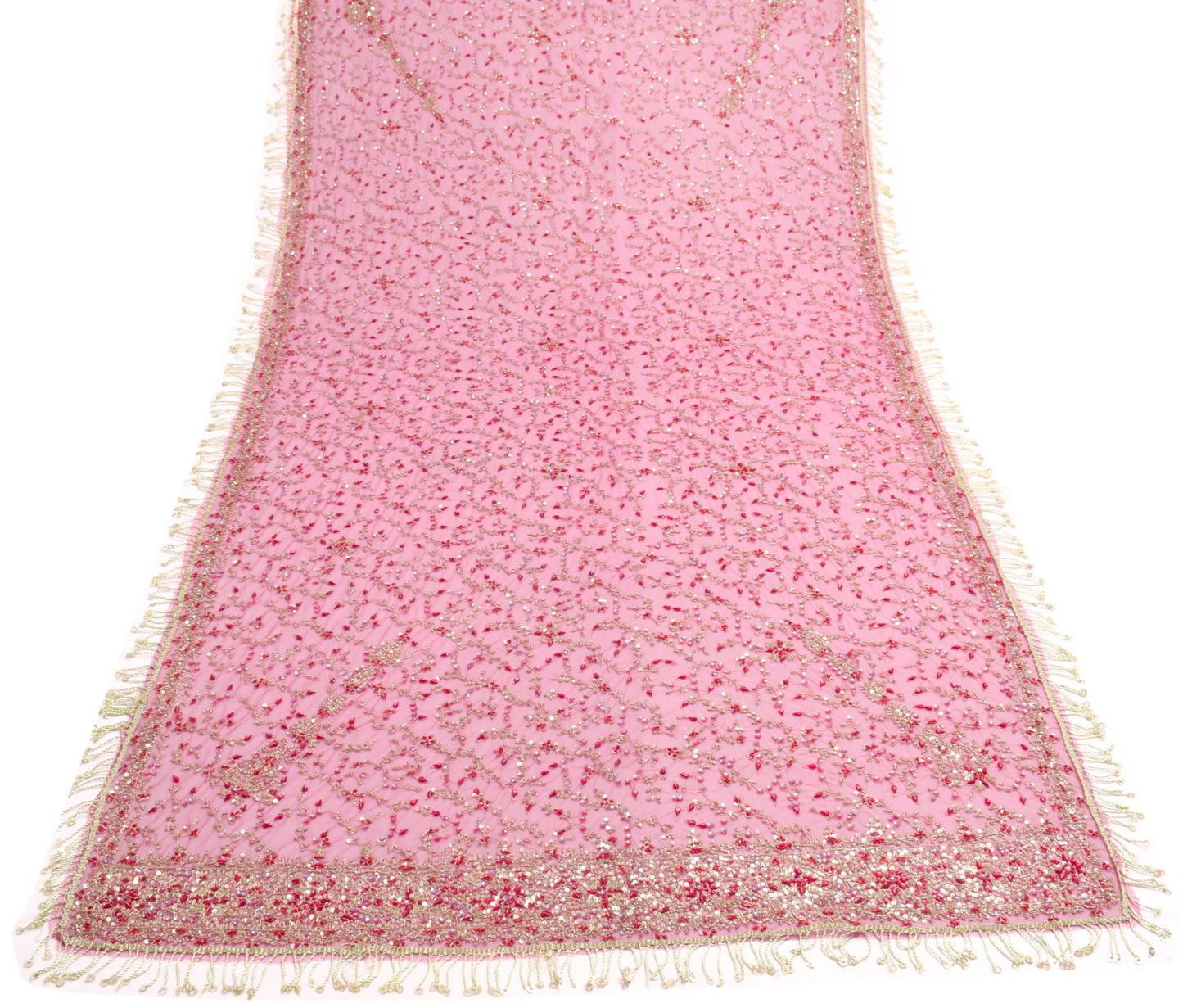 Sushila Vintage Pink Net Heavy Dupatta Sequins Rhine Stone Beaded Long Stole