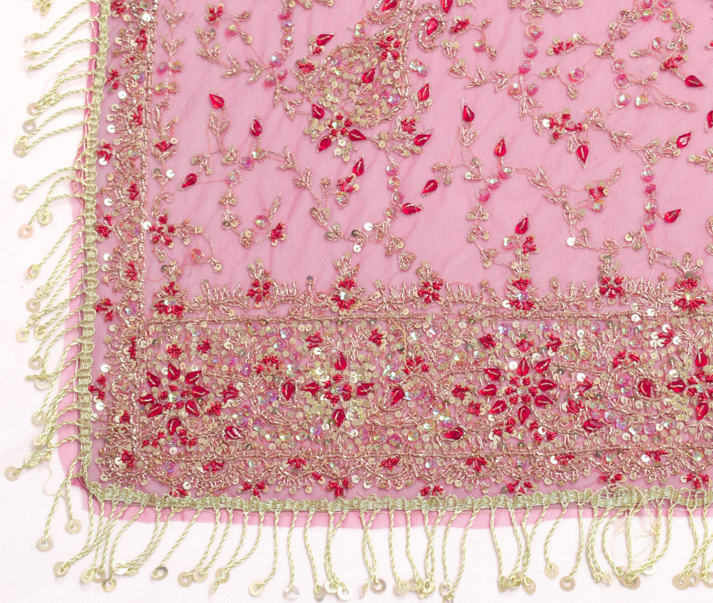 Sushila Vintage Pink Net Heavy Dupatta Sequins Rhine Stone Beaded Long Stole