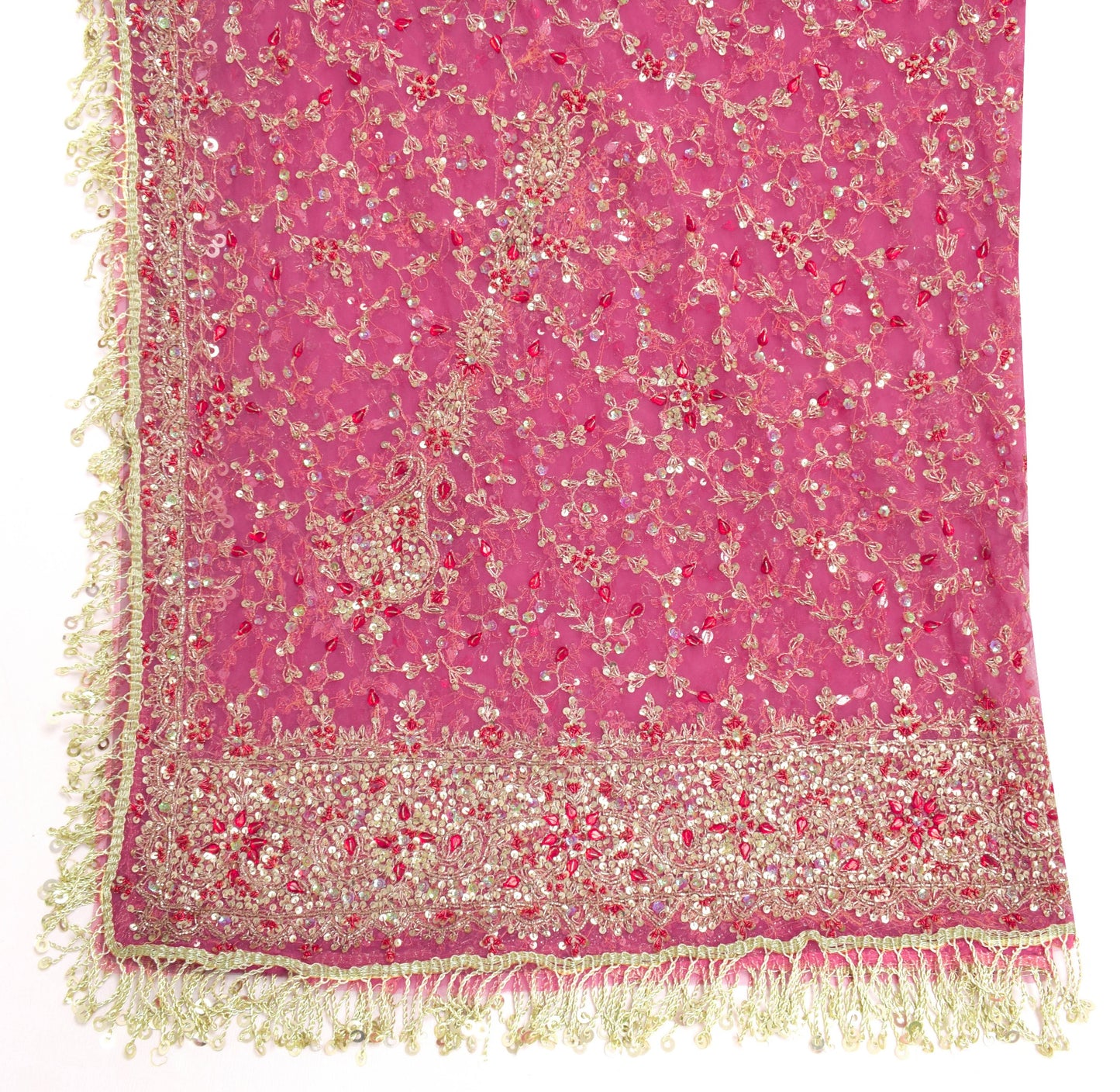 Sushila Vintage Pink Net Heavy Dupatta Sequins Rhine Stone Beaded Long Stole