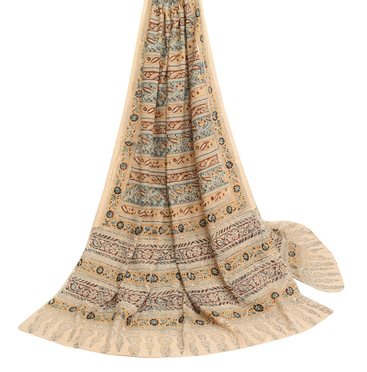 Sushila Vintage Cream Dupatta Handmade Ajrakh Print Pure Cotton Floral Stole