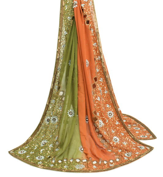 Sushila Vintage Green Rust Cut Work Dupatta Pure Georgette Floral Long Stole