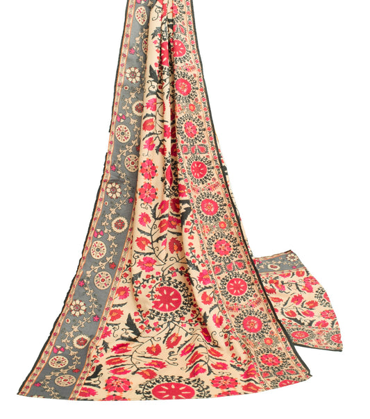 Sushila Vintage Beige Pure Cotton Dupatta Hand Printed Floral Long Stole Wrap