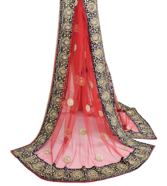 Sushila Vintage Red Heavy Dupatta With Blue Velvet Stone Border Net Long Stole