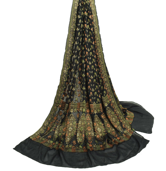 Sushila Vintage Black Floral 100% Pure Georgette Silk All Over Woven Long Stole