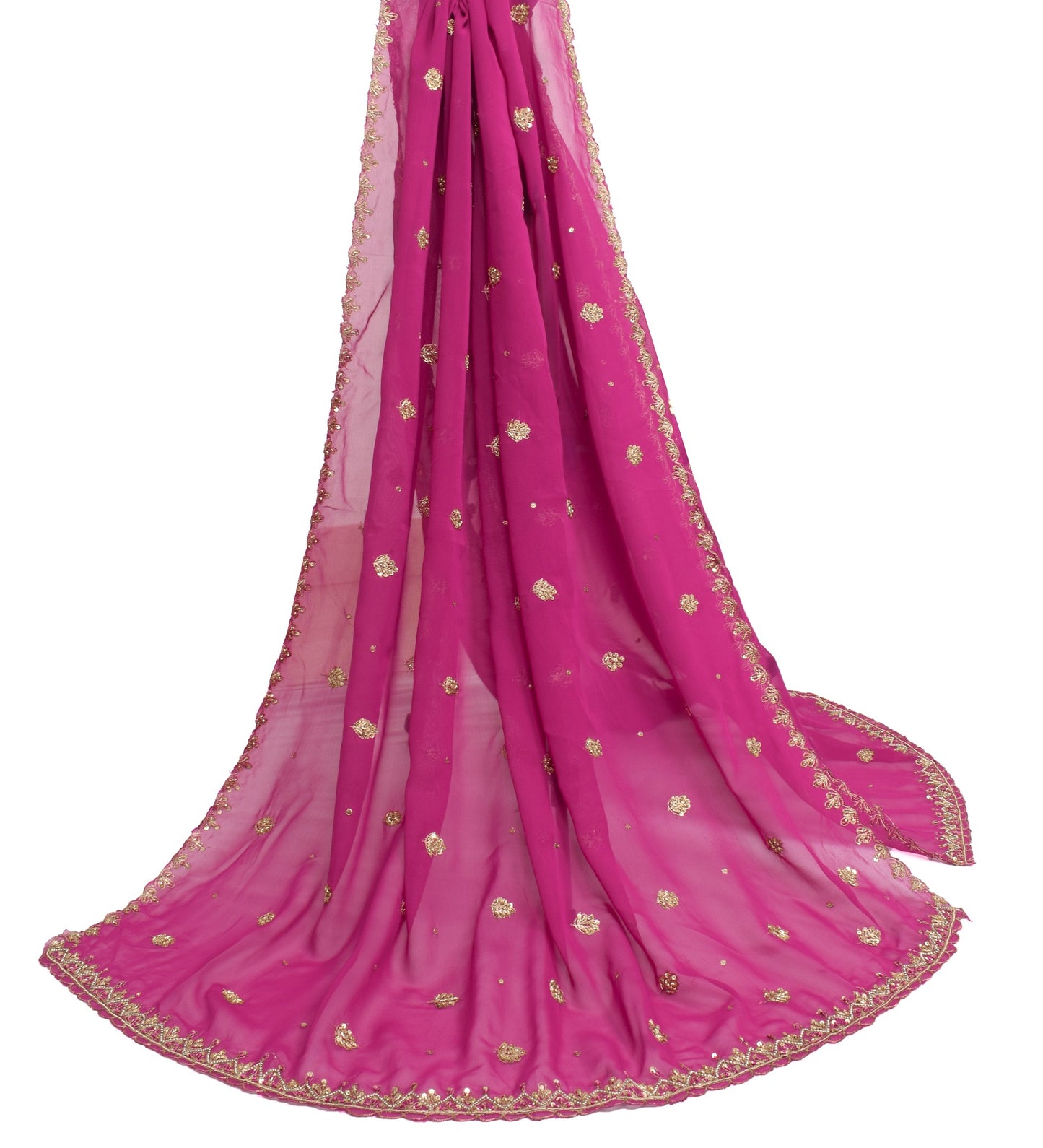 Sushila Vintage Deep Pink Art Georgette Silk Hand Beaded Zardozi WORK Long Stole