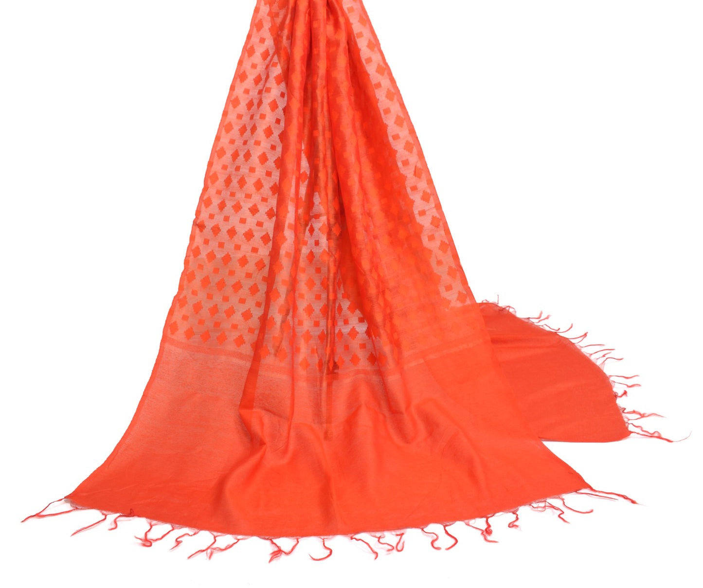 Sushila Vintage Orange Dupatta Pure Cotton Silk Bengal Tant Woven Long Stole