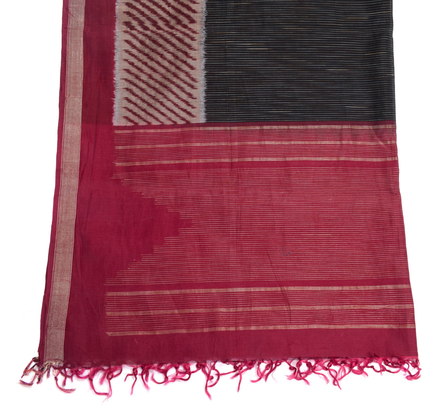 Sushila Vintage Black Hand Woven Dupatta 100% Pure Cotton Silk Indian Long Stole