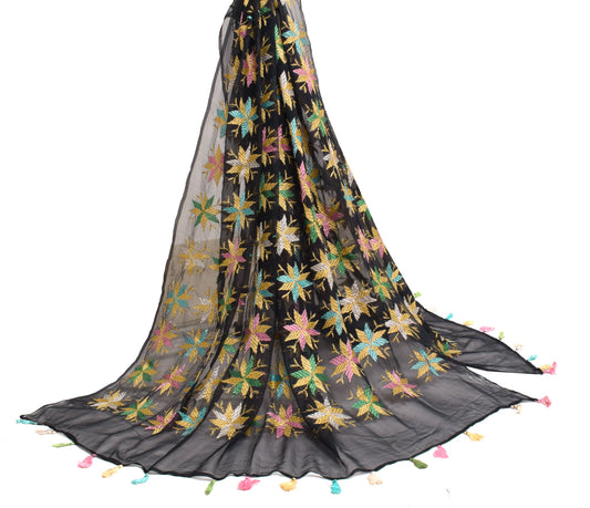 Sushila Vintage Black Phulkari Dupatta Pure Chiffon Floral Embroidery Long Stole