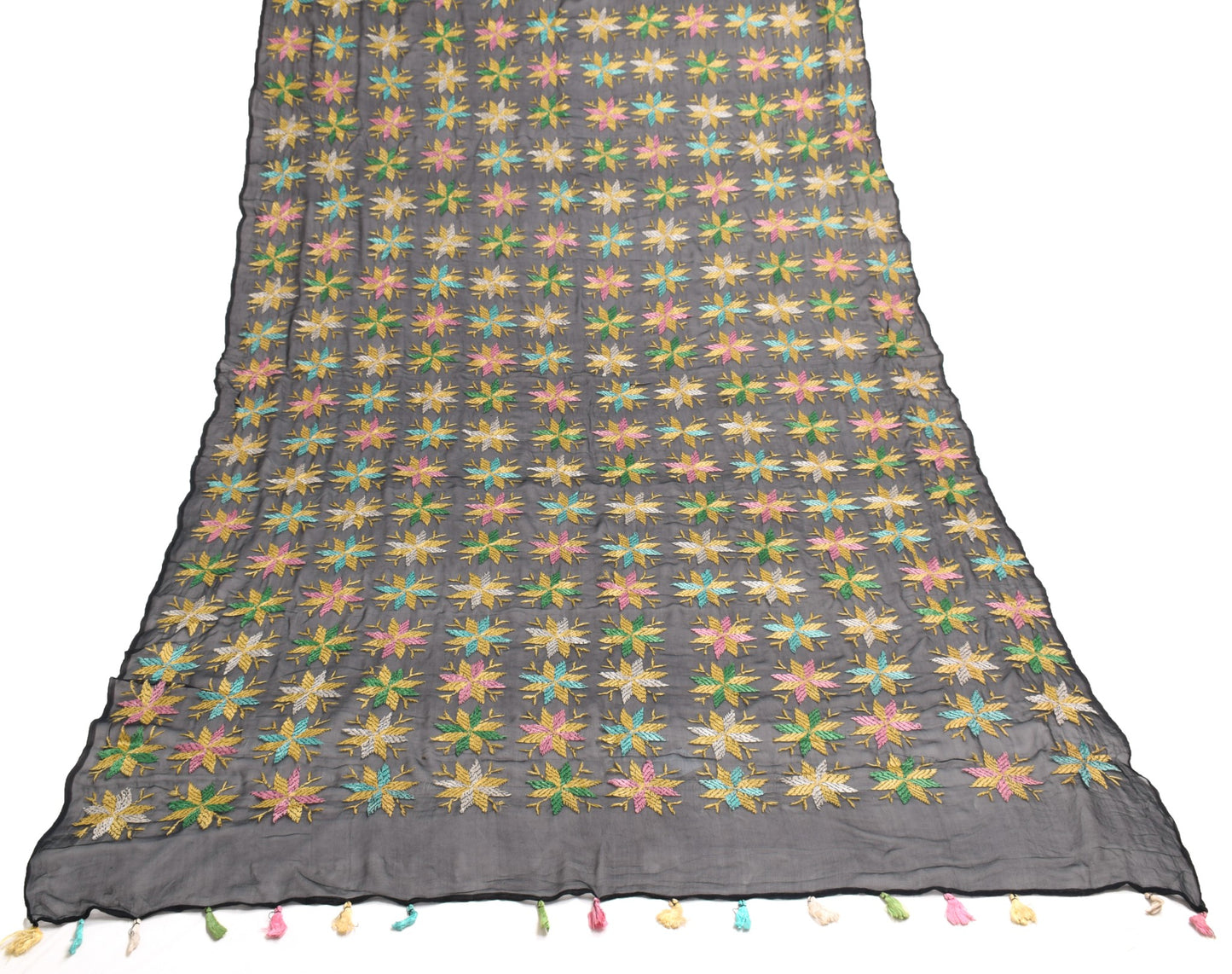 Sushila Vintage Black Phulkari Dupatta Pure Chiffon Floral Embroidery Long Stole