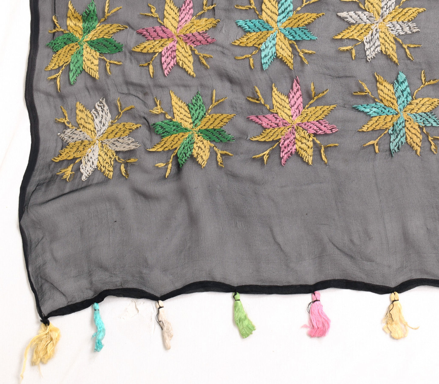 Sushila Vintage Black Phulkari Dupatta Pure Chiffon Floral Embroidery Long Stole