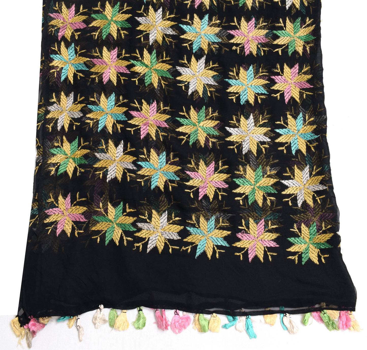 Sushila Vintage Black Phulkari Dupatta Pure Chiffon Floral Embroidery Long Stole