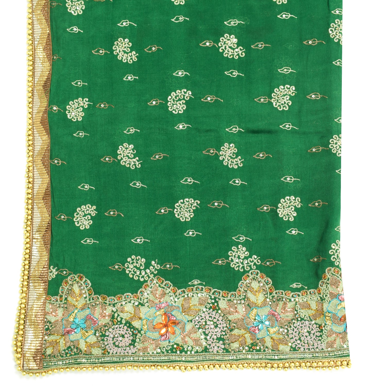 Sushila Vintage Teal Green Dupatta Pure Silk Sequins Zari Embroidered Long Stole