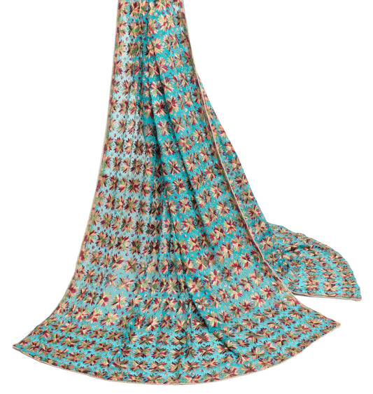 Sushila Vintage Turq. Blue Phulkari Dupatta Art Chiffon Embroidered Long Stole