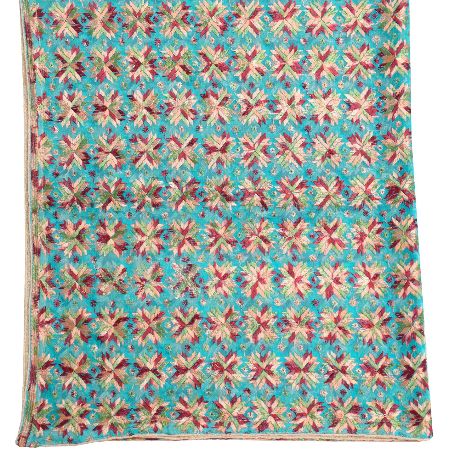 Sushila Vintage Turq. Blue Phulkari Dupatta Art Chiffon Embroidered Long Stole