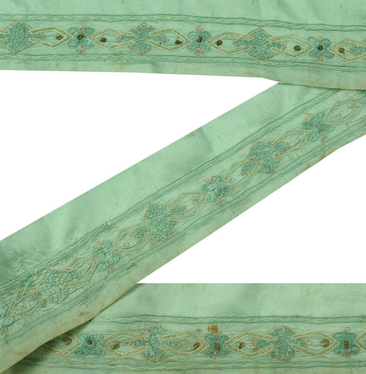 Antique Vintage Saree Border Indian Craft Trim Embroidered Green Ribbon Lace