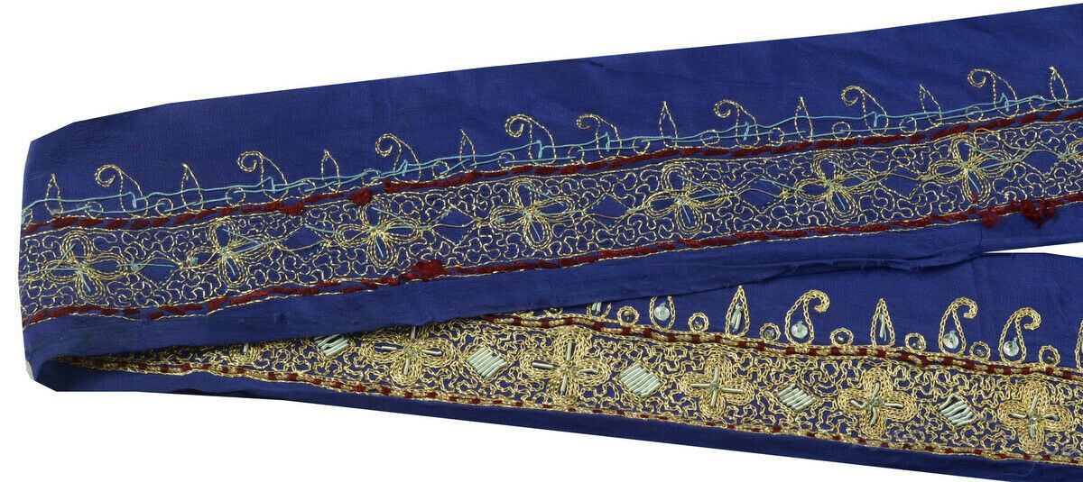 Antique Vintage Saree Border Indian Craft Trim Zari Embroidered Beaded Blue Lace