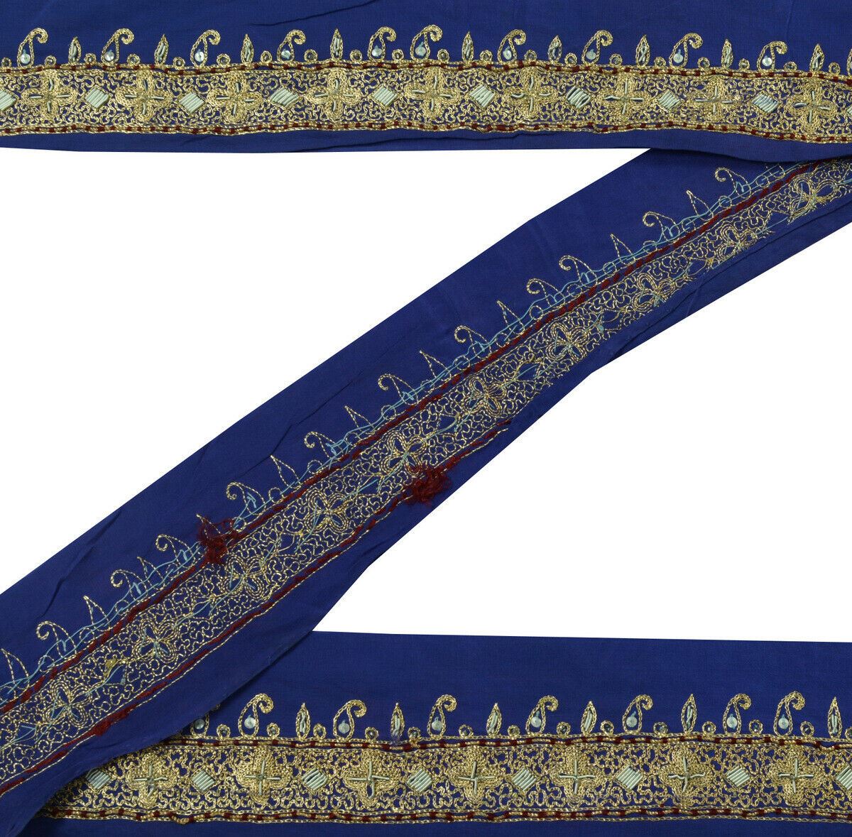 Antique Vintage Saree Border Indian Craft Trim Zari Embroidered Beaded Blue Lace