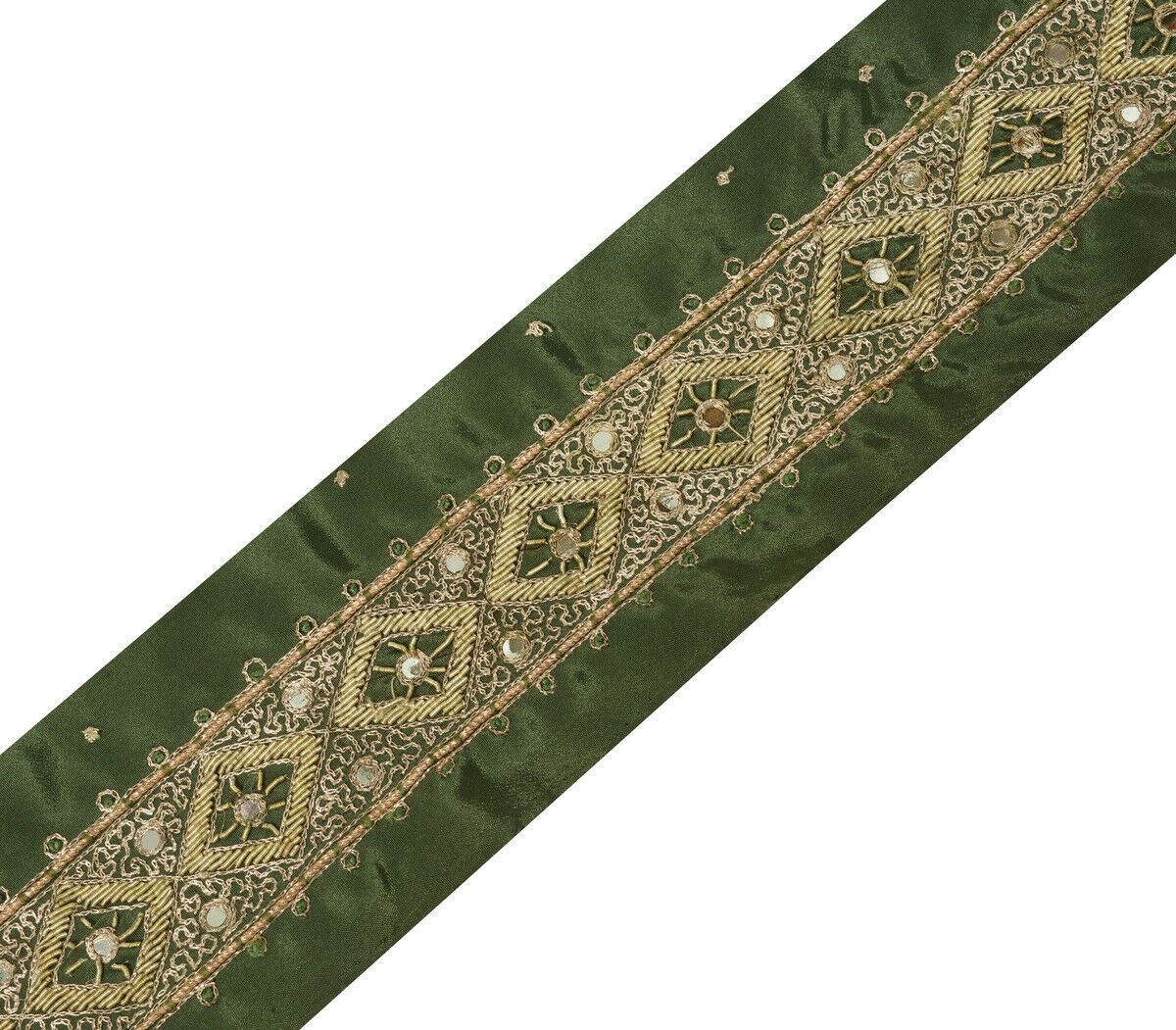 Antique Vintage Saree Border Indian Craft Trim Hand Beaded Zardozi Green Ribbon