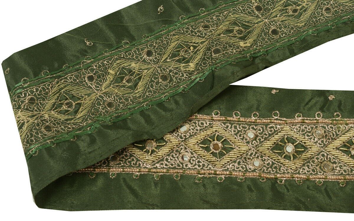 Antique Vintage Saree Border Indian Craft Trim Hand Beaded Zardozi Green Ribbon