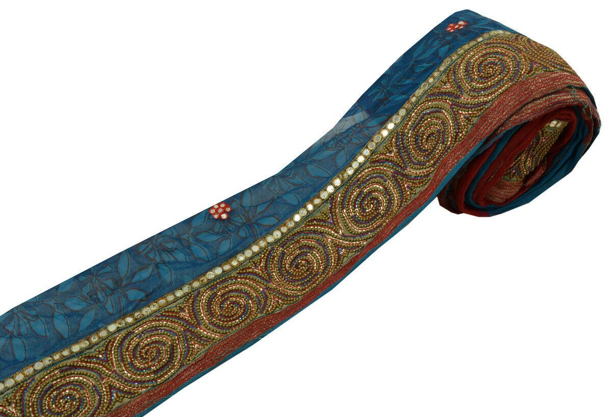 3.5" W Antique Vintage Saree Border Indian Craft Trim Hand Beaded Ribbon Lace