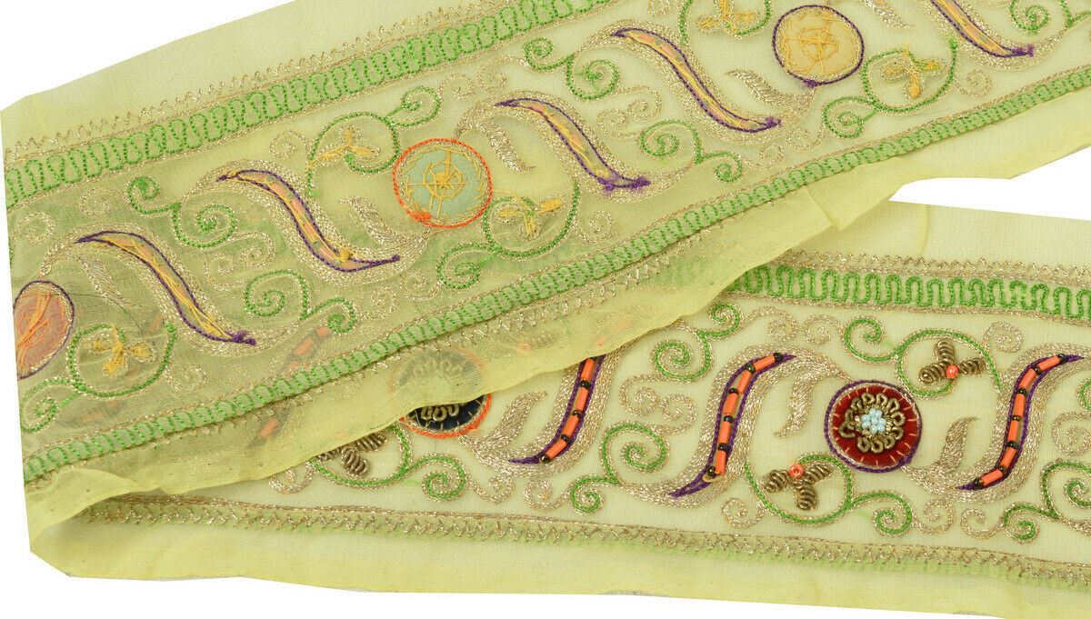 Antique Vintage Saree Border Indian Craft Trim Embroidered Beaded Green Ribbon