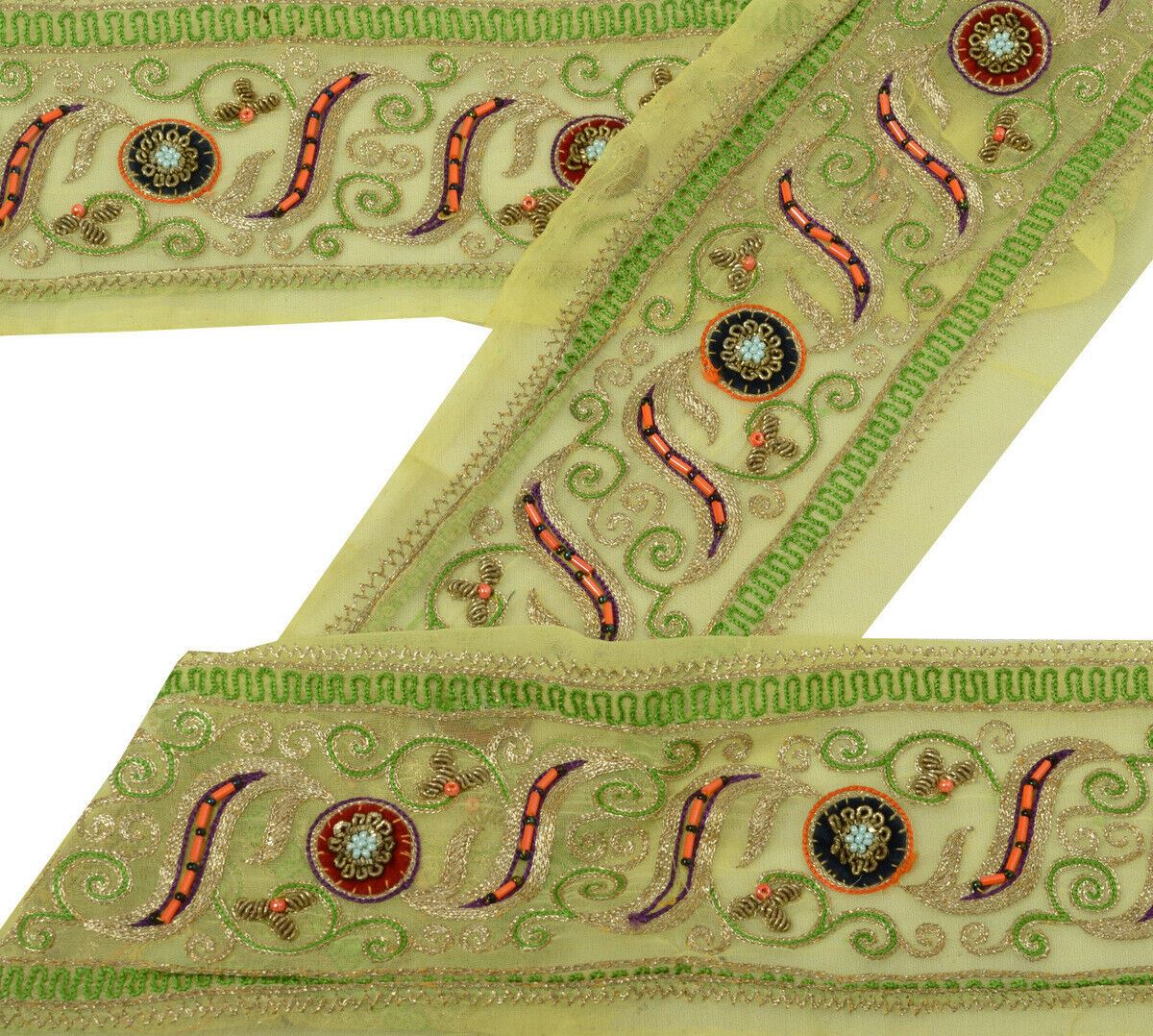 Antique Vintage Saree Border Indian Craft Trim Embroidered Beaded Green Ribbon