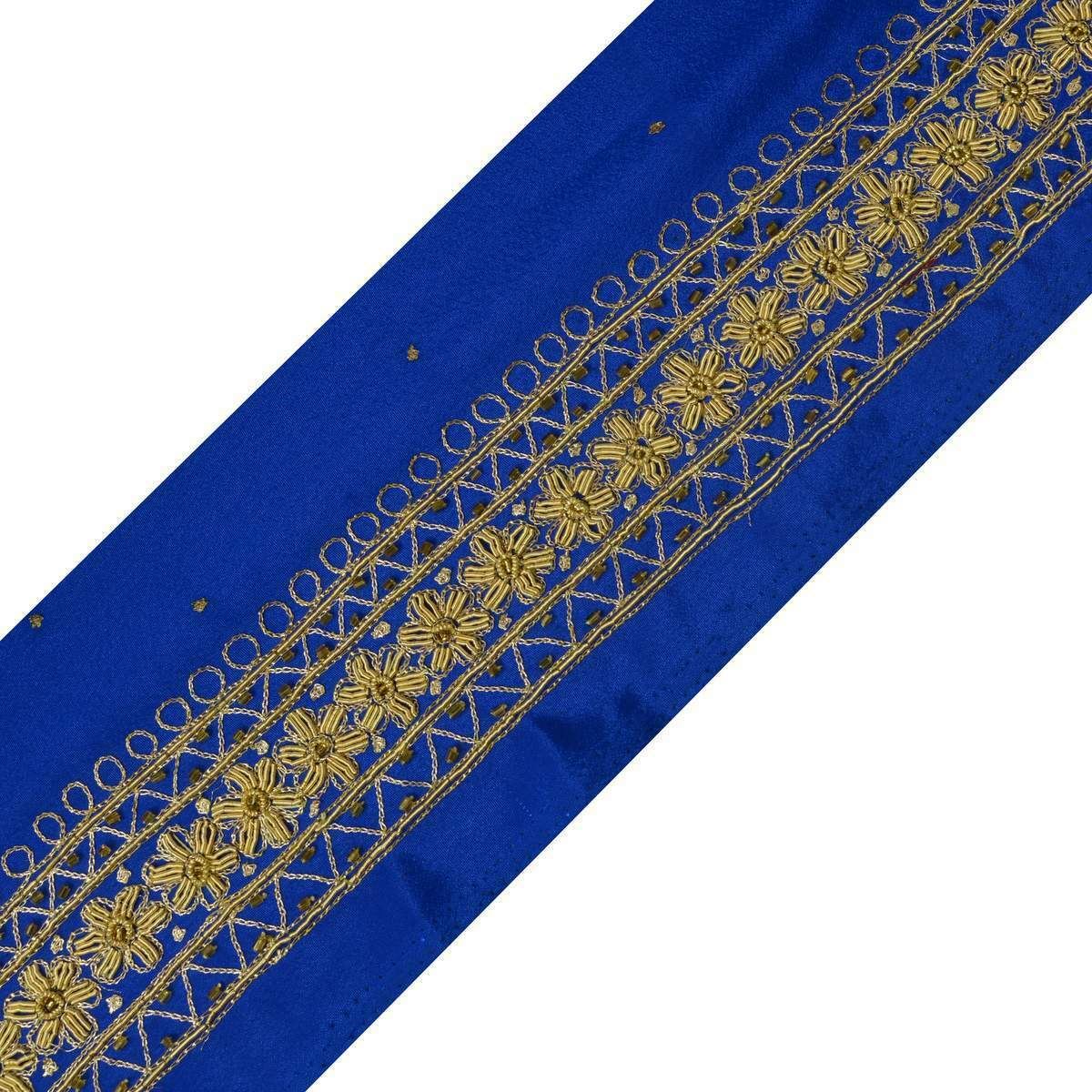 Antique Vtg Sari Border Indian Craft Trim Hand Beaded Zardozi Lace Ribbon Blue