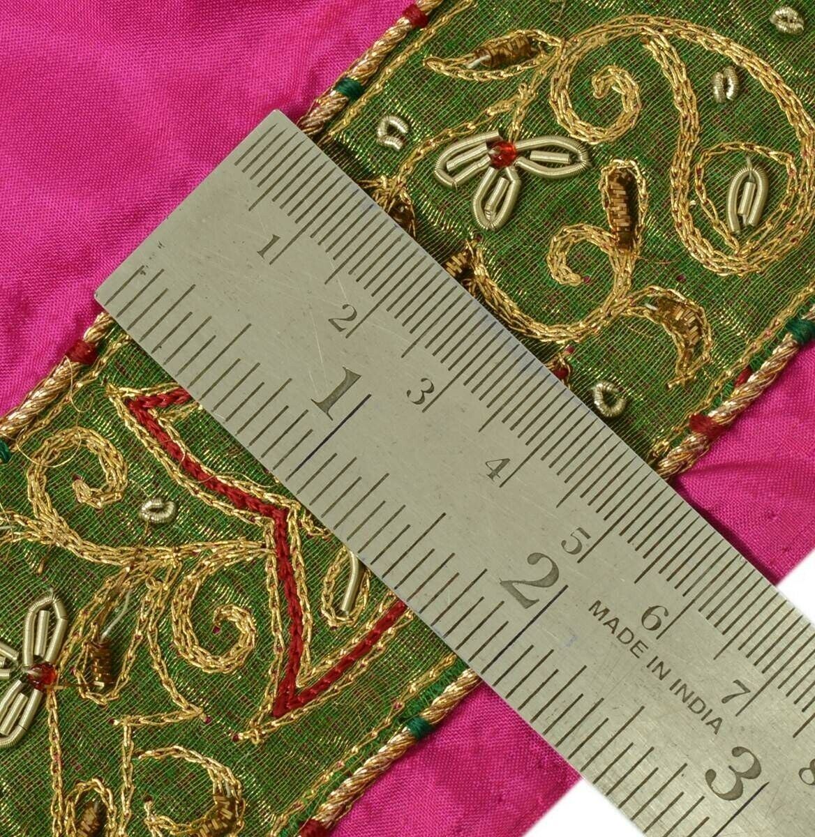 Vintage Sari Border Indian Craft Trim Hand Beaded Embroidered Green Lace Ribbon