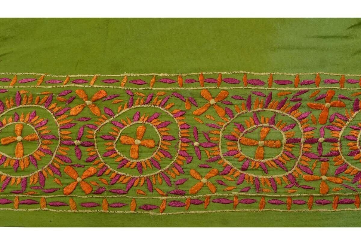 Antique Vintage Sari Border Indian Craft Trim Embroidered Green Lace Ribbon