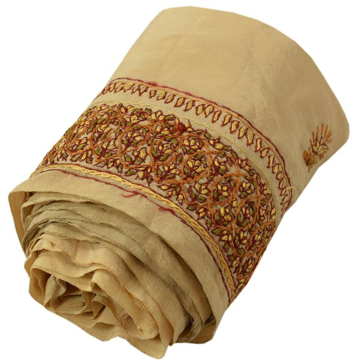 Antique Vintage Sari Border Indian Craft Trim Hand Embroidered Beige Lace Ribbon