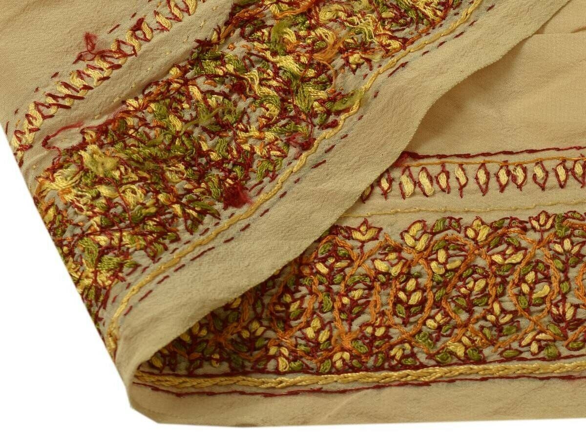 Antique Vintage Sari Border Indian Craft Trim Hand Embroidered Beige Lace Ribbon