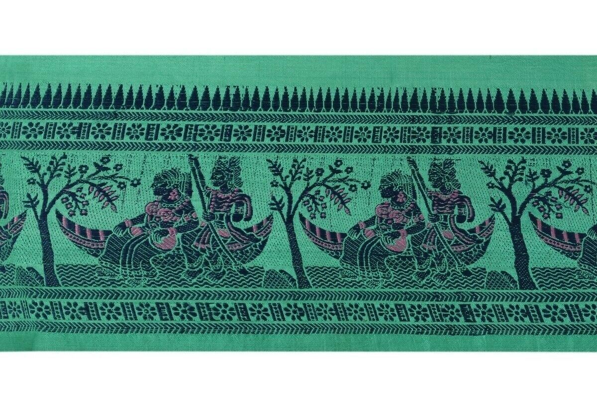 Vintage Sari Border Indian Craft Trim Woven Baluchari Ribbon Lace Green