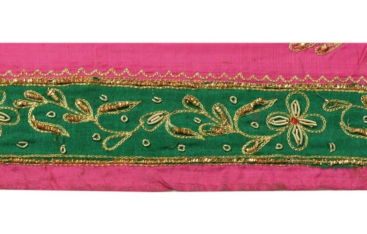 Vintage Sari Border Indian Craft Trim Hand Beaded Embroidered Ribbon Lace Green
